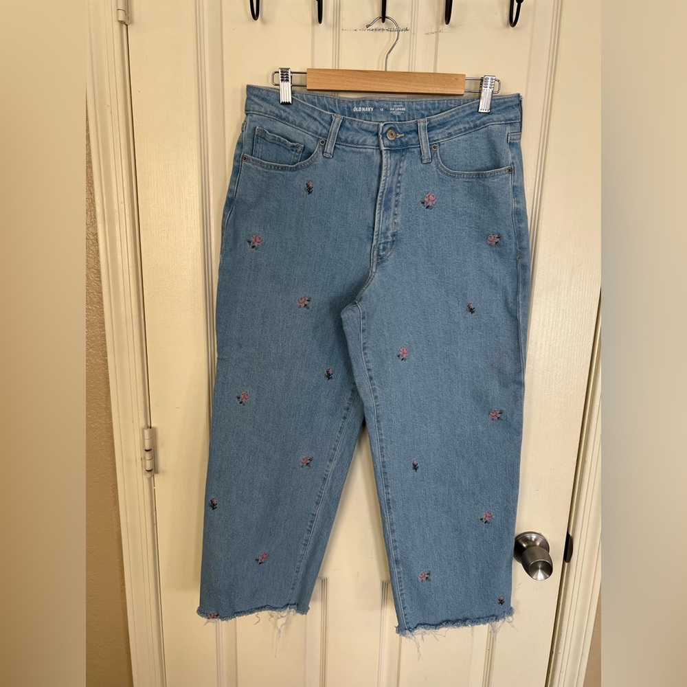 Old Navy High Rise OG Loose Jeans Floral Embroidered Raw Hem Size 12